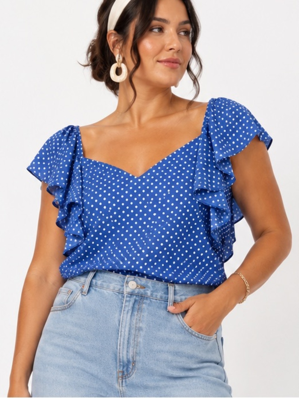 kate spade Blue flutter sleeve Polka Dot summer Blouse | XL